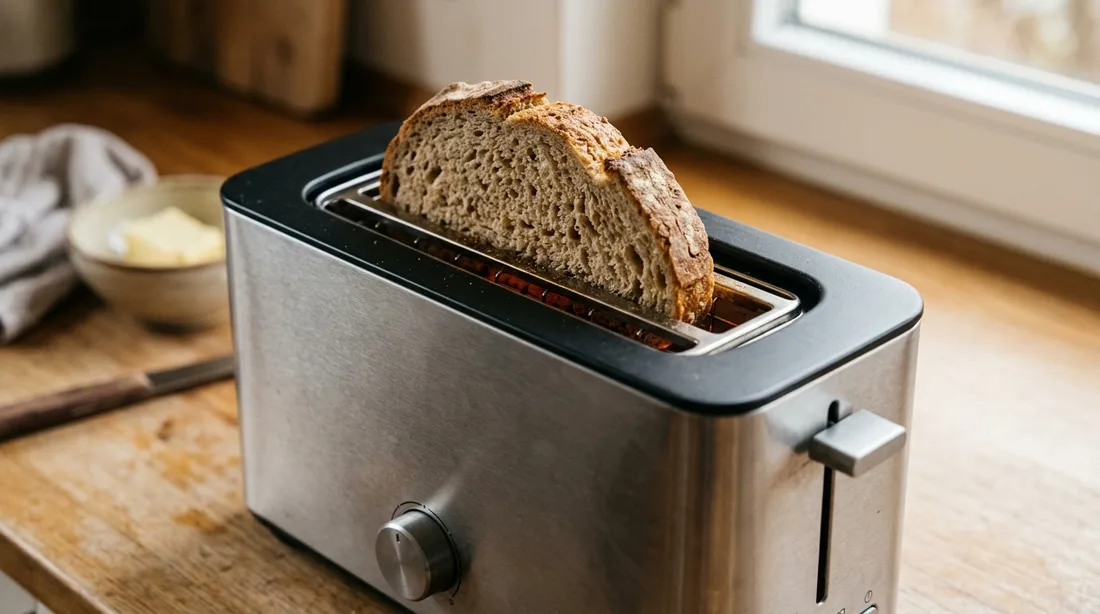 Dicke Scheibe Bauernbrot im langen Toastschlitz eines Langschlitztoasters