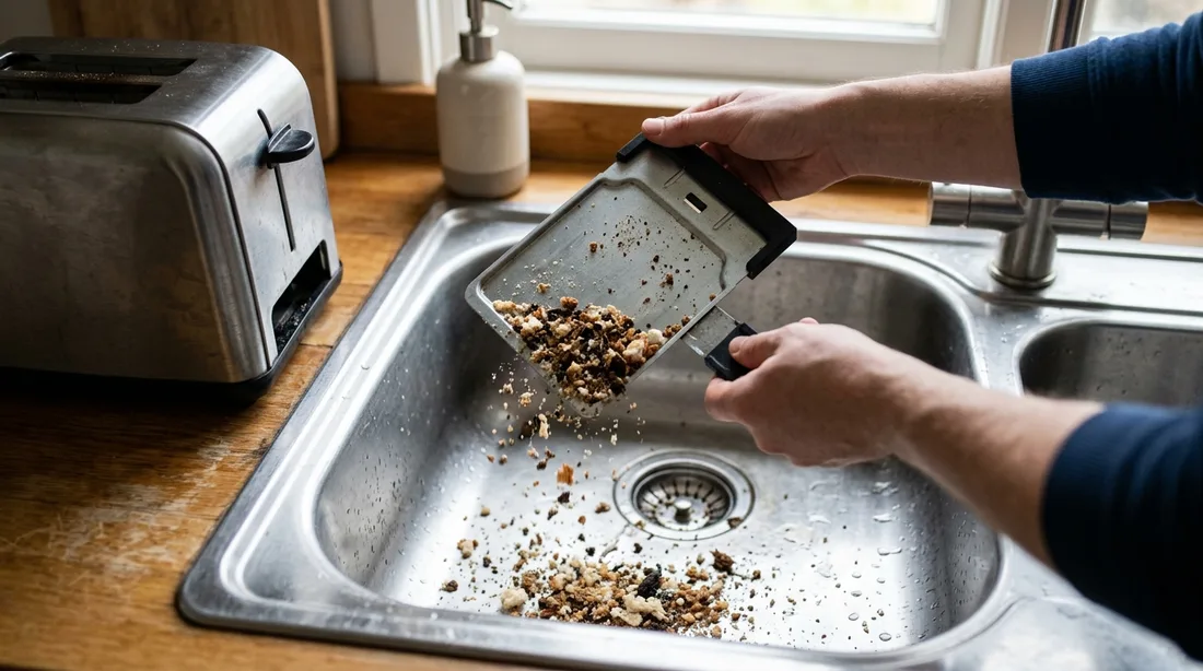 Herausgezogene Krümelschublade eines Toasters wird über der Spüle geleert