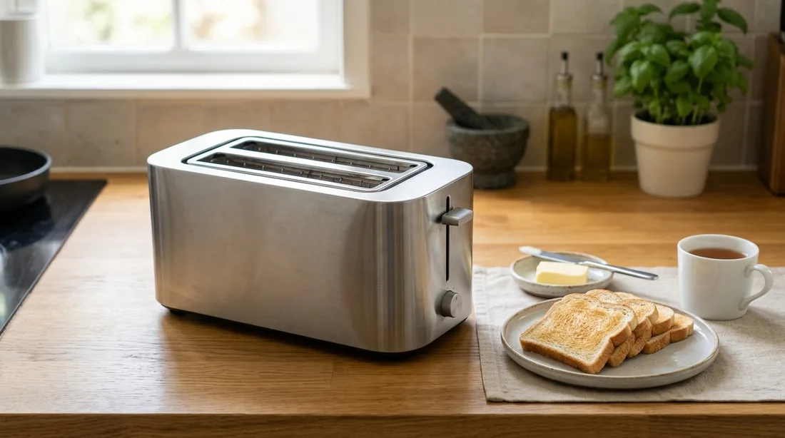 Vierschlitztoaster mit zwei getrennten Langschlitzen und vier Scheiben Toastbrot auf einer Küchenarbeitsplatte